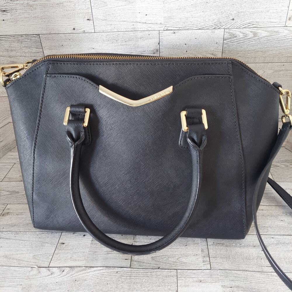 Calvin Klein Black Leather Purse Crossbody Adjustable Strap Satchel Gold Accents